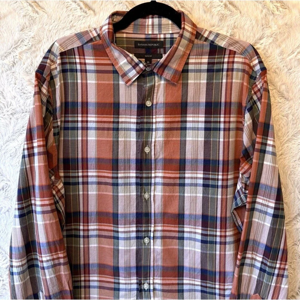 Banana Republic Shirt XL Button-Down 100% Cotton Slim‎ Fit Plaid Red Blue